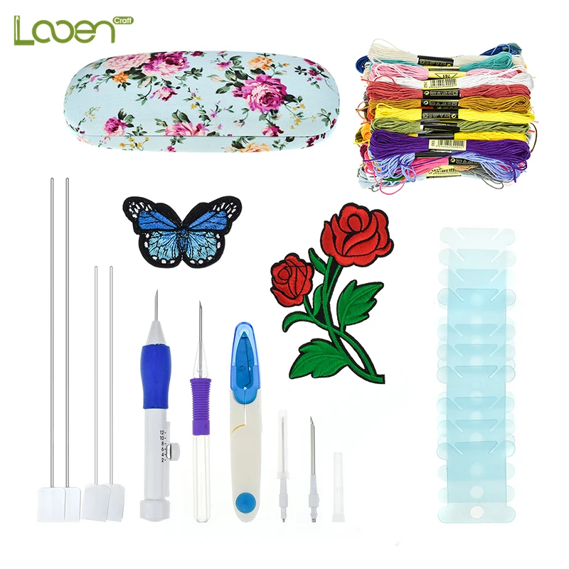 

Looen Embroidery Pen Punch Needles Set Needle Scissors 50pcsThread Flower Patterns Kit Knitting Sewing Tool for Women DIY Tools