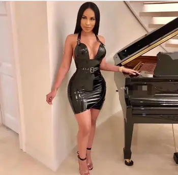 

New Summer Fashion Sexy Halter V Neck Black Leather Dress Elegant Designer Night Club Party Dress