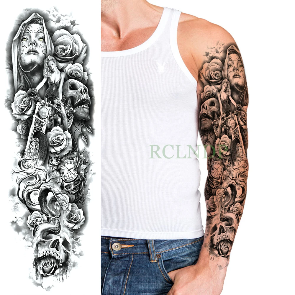 

Waterproof Temporary Tattoo Sticker Skull Motorcycle Rose full arm large size fake tatto flash tatoo sleeve for men women girl