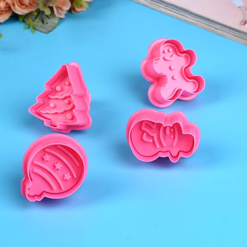 

Cokytoop 4pcs/set Cookie Stamps Gingerbread Man Christmas Tree Bell Snowman Plastic Biscuit Cutters Xmas Party Kitchen Tool