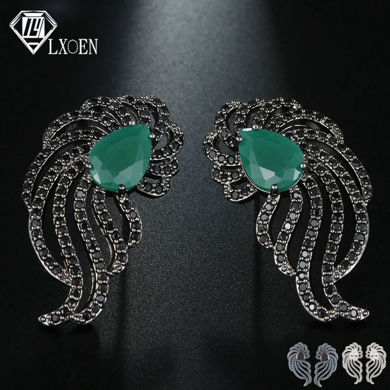 

LXOEN Punk Vintage Green Zircon Big Stud Earrings With Black Gun Wings Ear Studs Luxury Women Earrings Jewelry Gift brinco