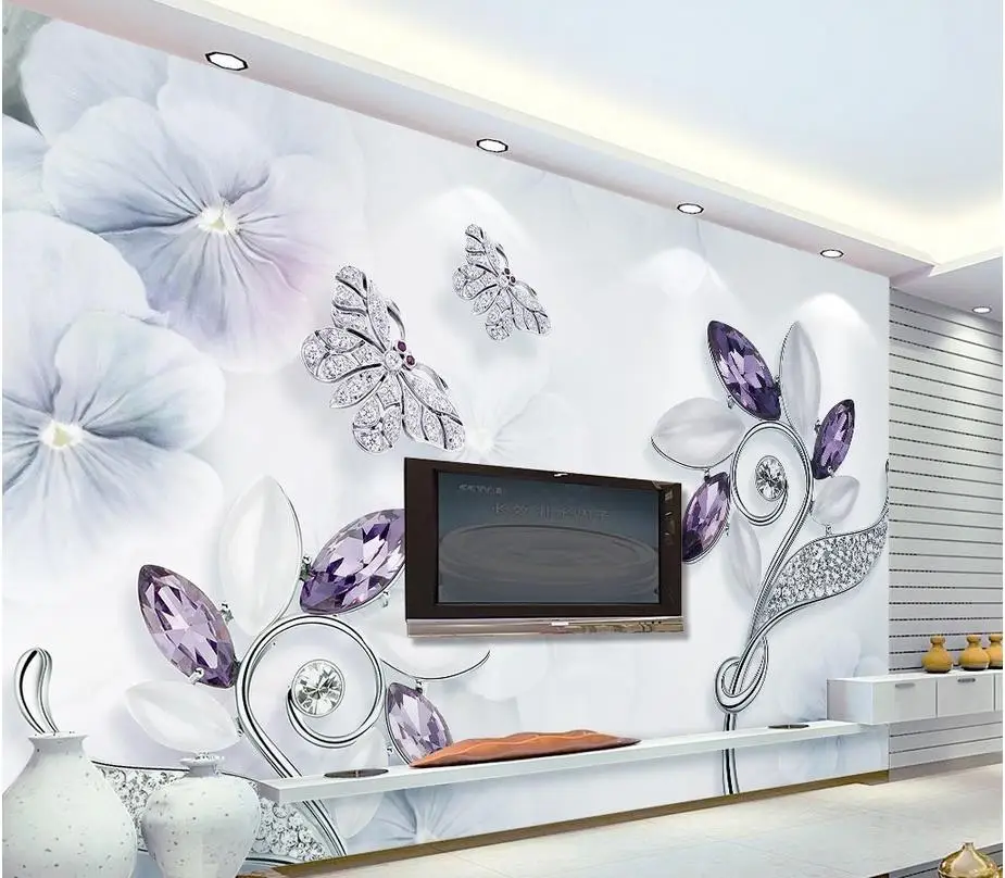 

custom 3d wallpaper Purple Crystal Flower Butterfly Jewelery wall mural photo wallpaper mural 3d wallpaper