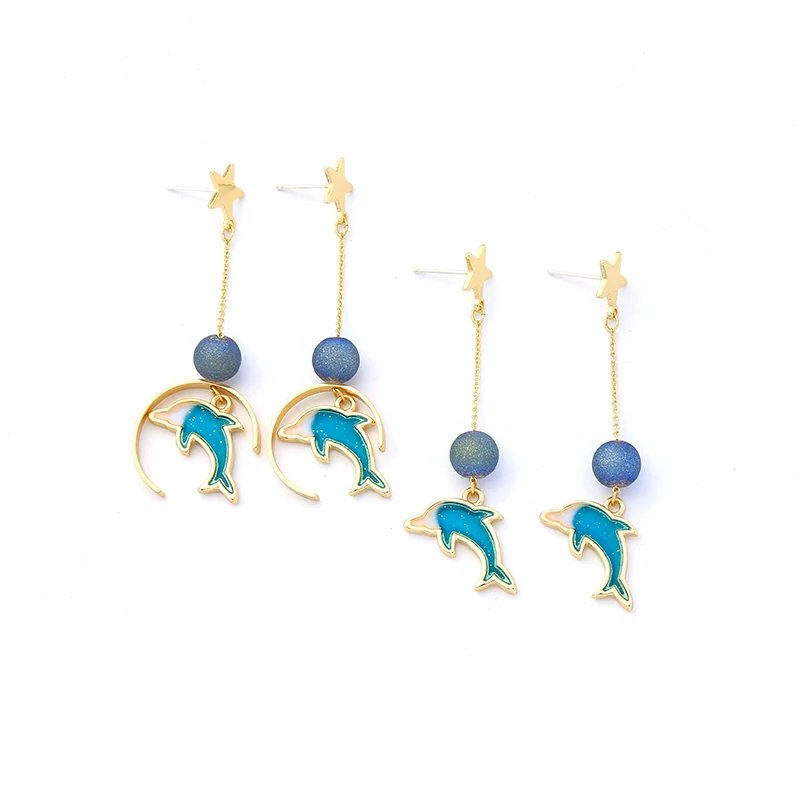 

Jumping Dolphin Drop Earrings Anti Allergic Ear Post Blue Glass Personality For Women Summer New Arrival Fashion Jewelry