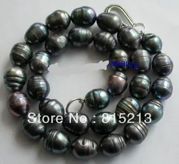 

FREE SHIPPING>@@> N295 stunning big 16mm black baroque freshwater pearls necklace silver clasp