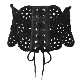 

KLV Fashion Chic Women Lace Up Wide Corset Waist Belt Shape-Making Lace Hollow Elastic Waistband Cummerbunds Belts White Black