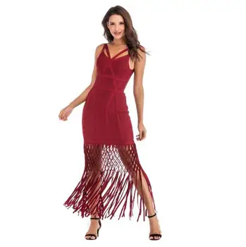 

v-neck sexy low bosom celebrity tassel sleeveless backless party bodycon pub wine red black women bandage dresses