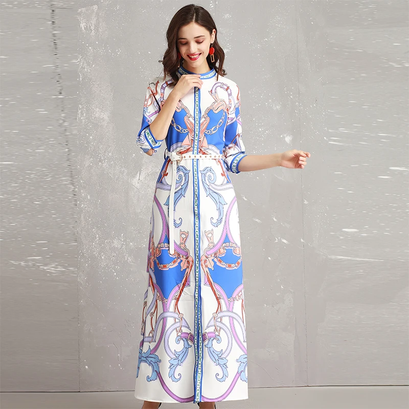 2019 Spring Pretty Print Maxi Dress Women New Hot Three Quarter Sleeve O_neck Female Slim Sweet Long With Belt | Женская одежда