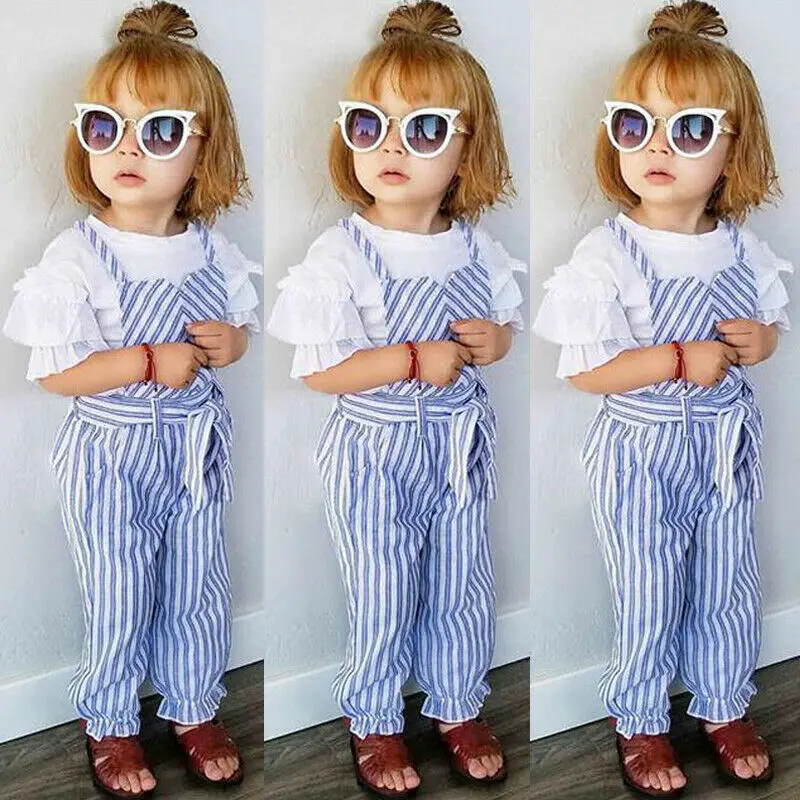 Pudcoco Toddler Baby Girl Clothes Cotton Ruffle T-Shirt Tops Striped Overalls Pants 2Pcs Outfits Summer Clothes