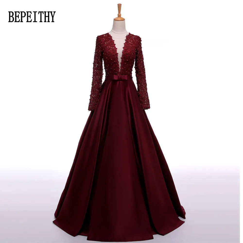 BEPEITHY Robe De Soiree Long Sleeve Burgundy Satin Evening Dress Long Vestido De Festa Longo Elegant Dresses 2019 BEPEITHY Robe De Soiree Long Sleeve Burgundy Satin Evening Dress Long Vestido De Festa Longo Elegant Dresses 2019