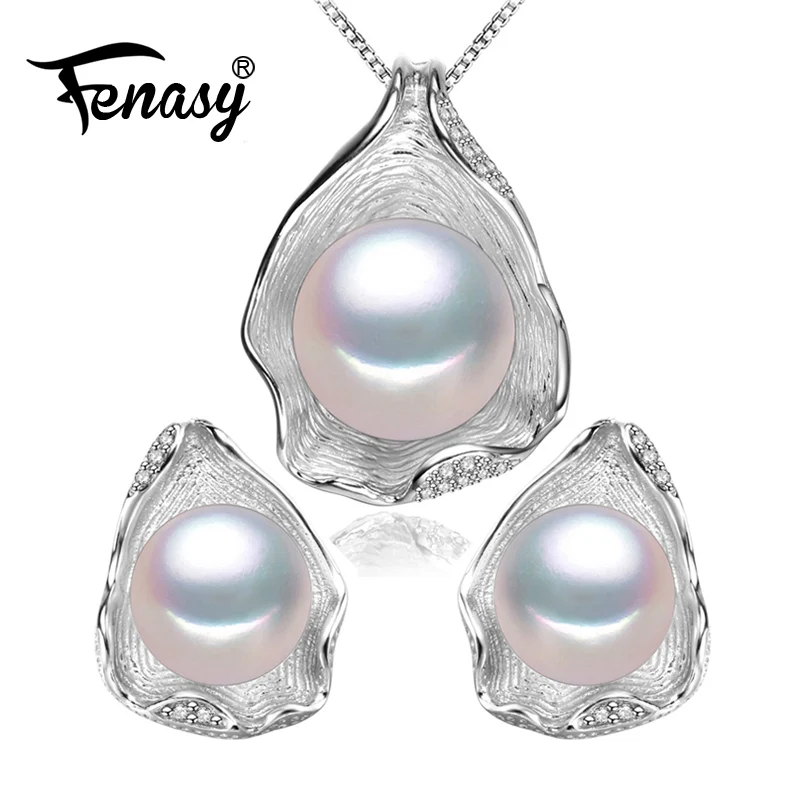 

FENASY Pearl Jewelry CZ Necklace Pendant Jewelry Sets Shell Pendant Design Pearl Earring Ring Jewelry Set For Women Idea Gift