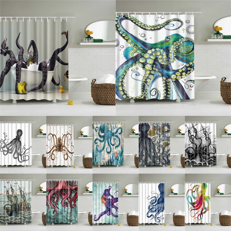 

22 Color Available Fabric Polyester Shower Curtains Sea Octopus Printing Waterproof Shower Curtain Decoration Bathroom Curtains