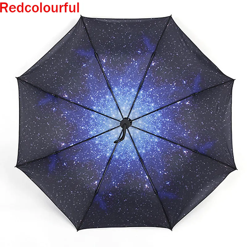 New Three Folding Umbrella Rain Women 3D Starry Sky Anti UV Windproof Sunscreen Black Coating Folding Sun Umbrella Parasol