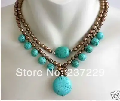 

HOT## Wholesale price FREE SHIPPING ^^^^Genuine 2 rows brown pearl turquoise pendant necklace