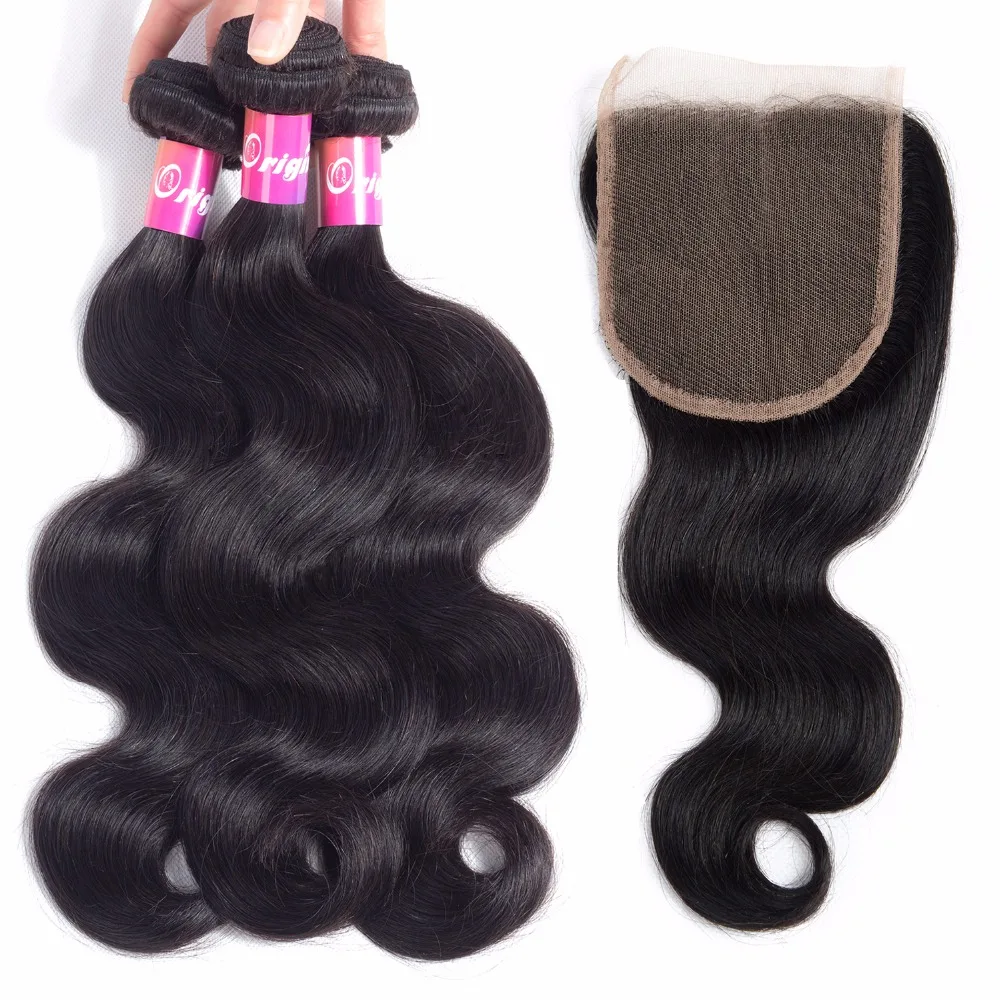 3 Bundles With Closure Body Wave Originea Remy Human Hair Body Wave Natural Color Brazilian Hair 4X4 three Part Lace Closure brazilian-body-wave-closure