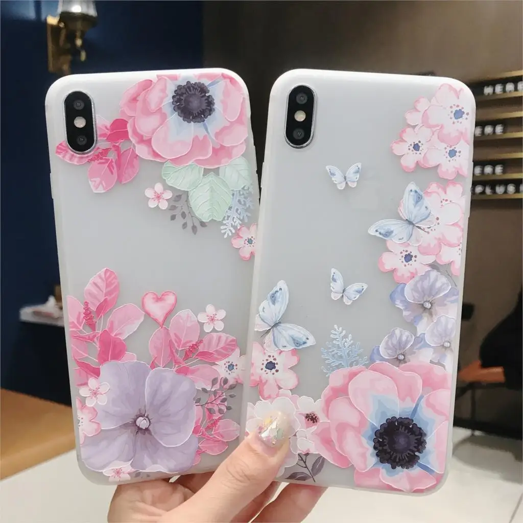 

3D Relief Peony Butterfly Flowers Matte Phone Case for iPhone X XR XS Max Soft Silicone Cover for iphone 6 6S 7 8 Plus 10 Cases