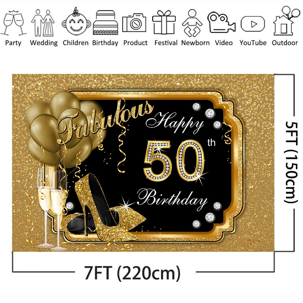 50th Birthday Party Photography Backdrops for Lady Golden High heels and Frame Balloon Photo Background Celebration Props