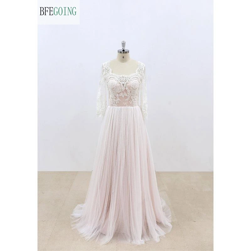 

Ivory Lace Appliques Tulle Pink lining Beading Scoop Long Sleeves Floor-Length Wedding dresses Chapel Train