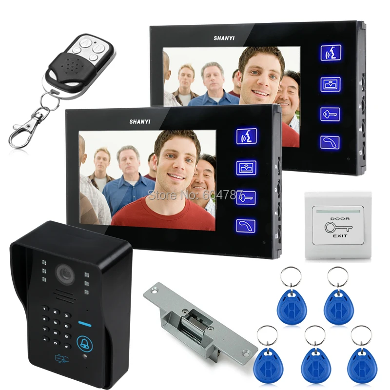 7\ LCD Video Door Phone bells Intercom Keyfobs IR Camera Code Keypad Remote+Switch + Electric Strike lock 1V2