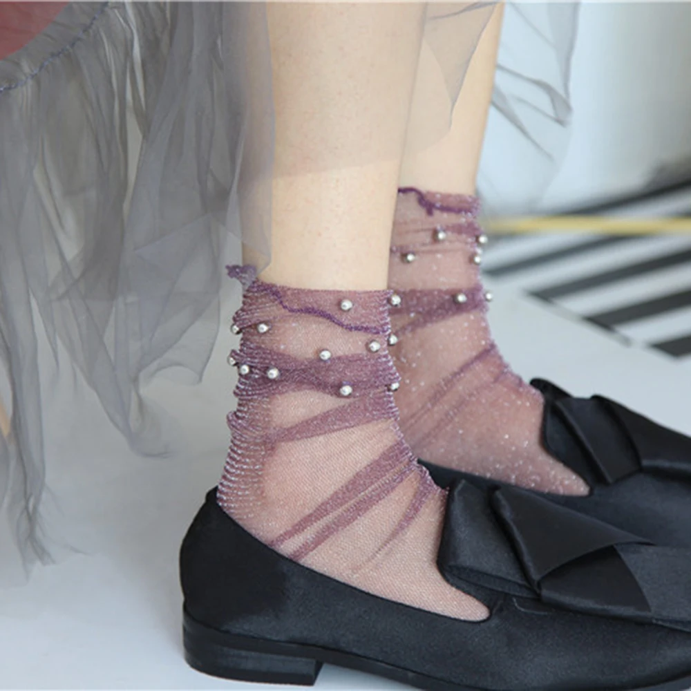 Harajuku Sexy Women Glitter Mesh Beads Socks Ultra-thin Transparent Elastic Shiny Hosiery Soft Elasticity 7 Colors Summer 2019