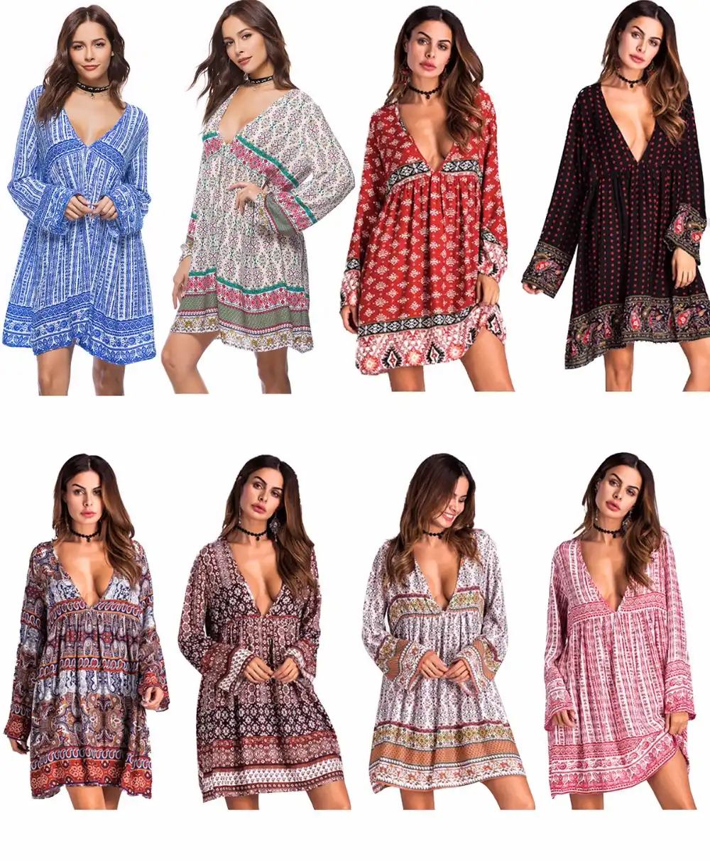 Sexy V ausschnitt druck boho langarm kleid sommer kleidung für Sexy V ausschnitt druck boho langarm kleid sommer kleidung für