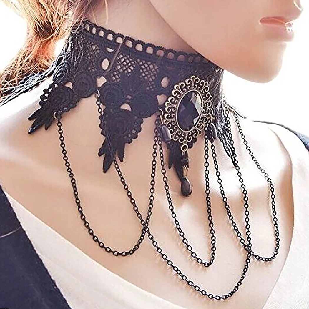 Новое ожерелье, сексуальные Чокеры в готическом стиле, Кристальное черное кружевное ожерелье-чокер на шею, винтажное викторианское женское чокер в стиле стимпанк, ювелирные изделия