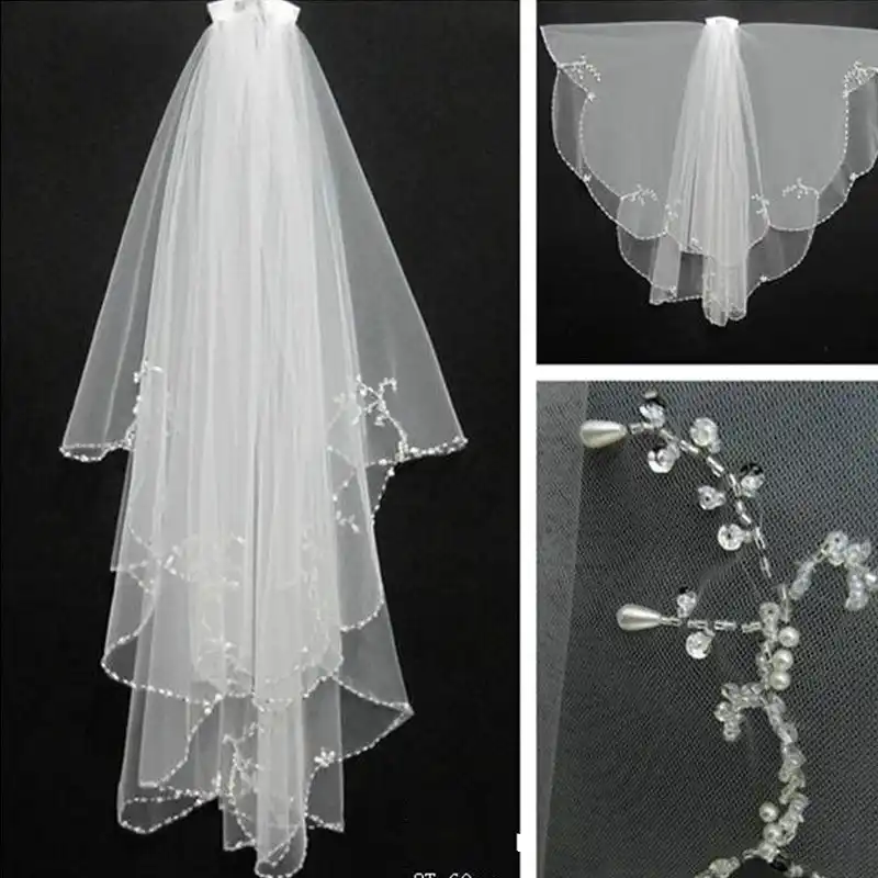 手作り結婚式ビーズベール19櫛2層チュールスパンコールブライダルベールアクセサリー Bridal Veils Aliexpress
