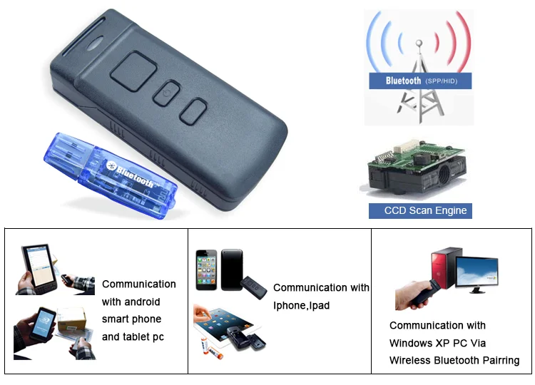 Портативный беспроводной Bluetooth CCD 1D сканер штрих-кодов PT20 для мобильного/планшета/ПК