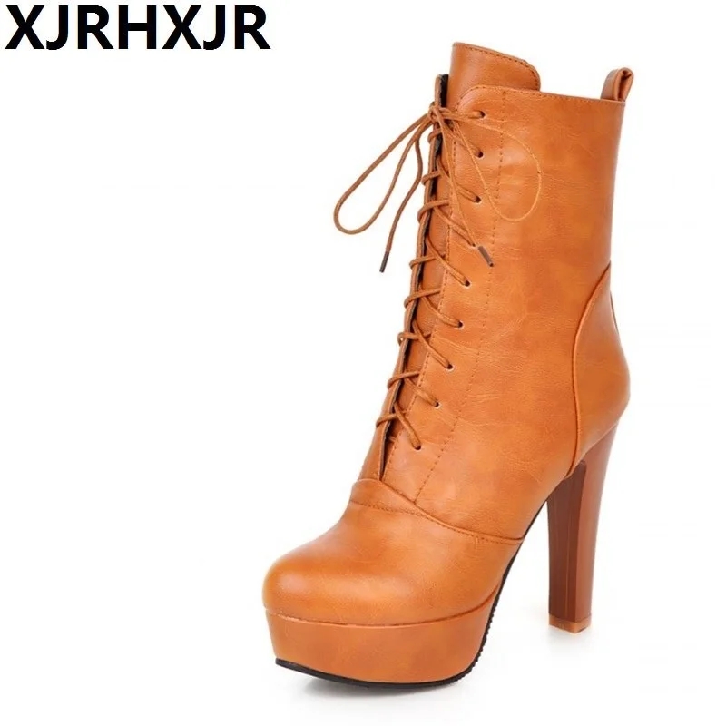 

XJRHXJR Sexy High Heels Shoes Woman Cross Straps Mid Calf Boots Autumn Winter Platform Shoes Ladies Dress Boots Party Pumps