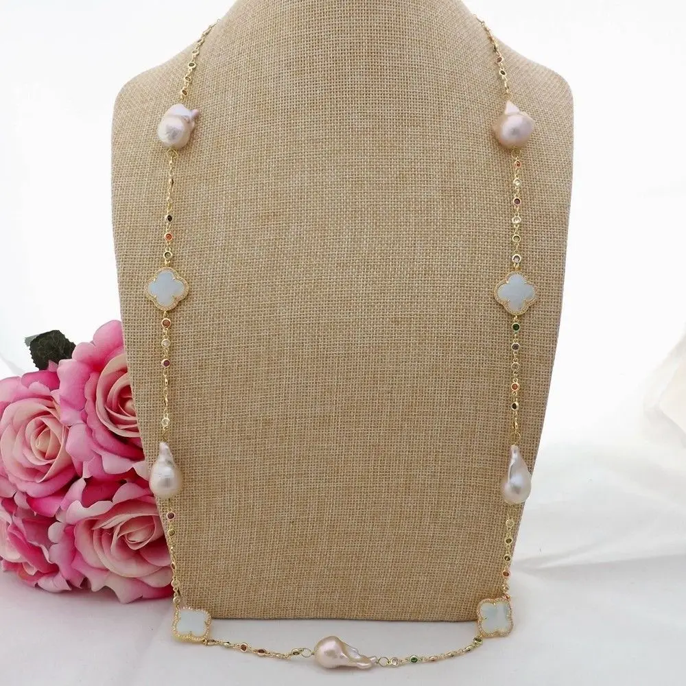 

GE091304 36'' Pink Keshi Pearl Crystal Chain Necklace