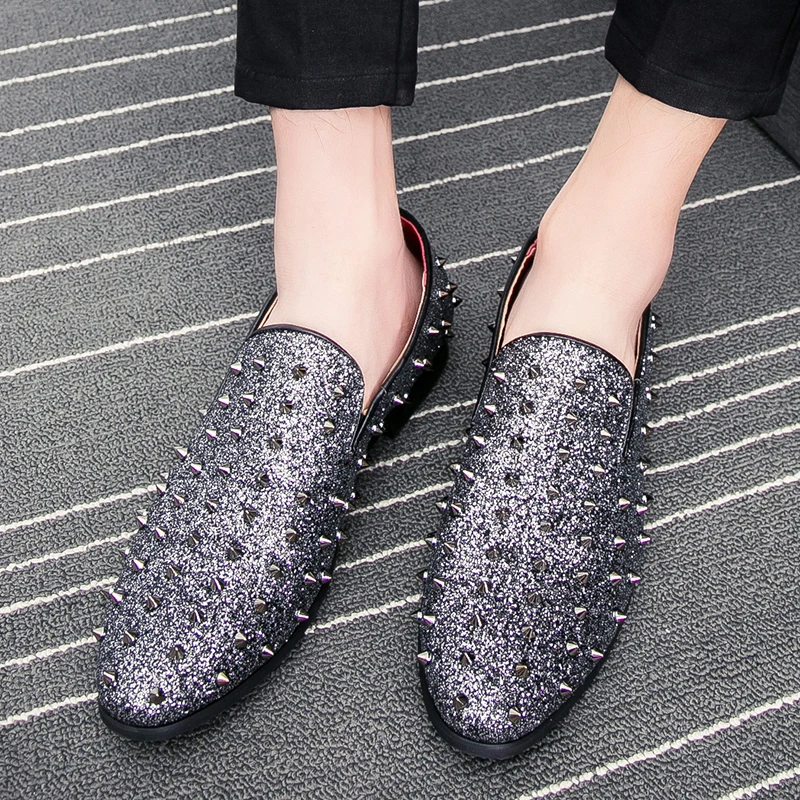 men's spike dress shoes italian silver gold slip on rhinestone loafers 2017 luxury brand unique cool male studded footwear flats (20)
