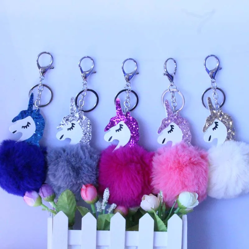 

PINXIU Fluffy Rabbit Fur Ball Pompom Unicorn Keychain Car Key Chains Key Holder Keyring Women Handbag Charm Jewelry YSK18