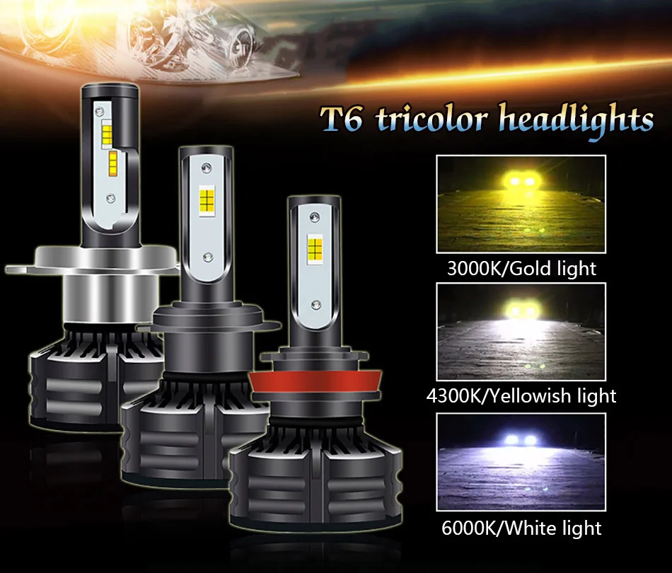 ZUORUI светодиодные лампы фар автомобиля H1 H3 H4 H7 H8/H9/H11 9005 9006 880/881 9012 триколор Smart Led автоматический фары, аксессуары для автомобиля