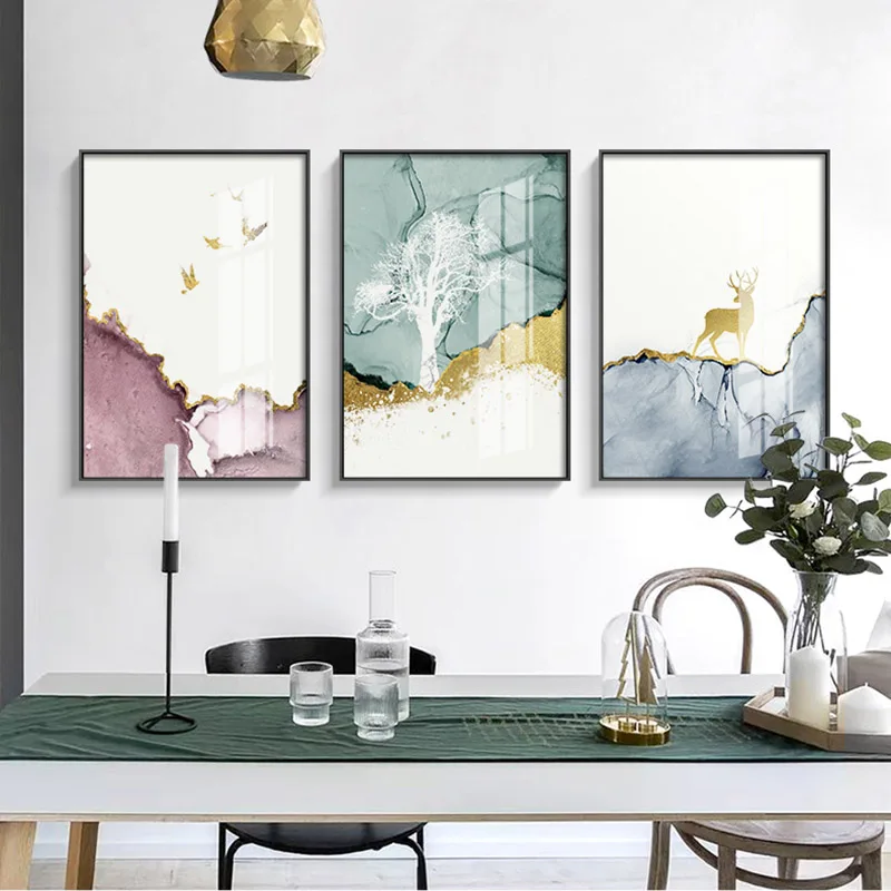 Abstract Painting Deer Forest Canvas Geometric Mountain Wall Paintings Animal Wall Art Canvas Pictures For Living Room Unframed