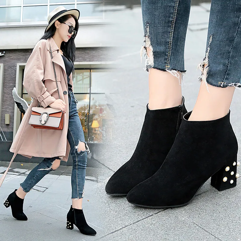 

Autumn Pearl Ankle Boots Women Fashion Vintage Martin Boots Pointed Toe High Square Heel Warm Winter Women Shoes Plus Size 42
