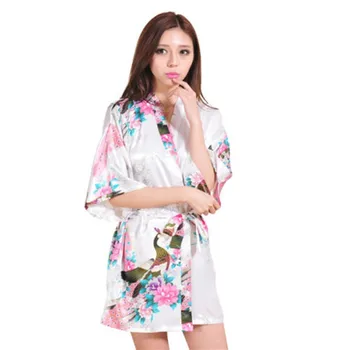 

Hot Sale14 Colors Peacock Pattern Short Style Wedding Bridal Bridesmaid Kimono Robe Silk Satin Women Night Dress Gown Nightgown