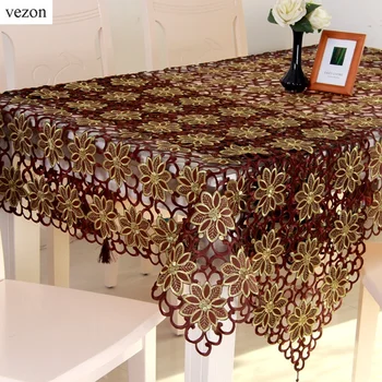 

vezon New Hot Sale Christmas Embroidery Tablecloth Coffee Color Full Embroidered Xmas Towel Table Linen Cloth Cover Overlays