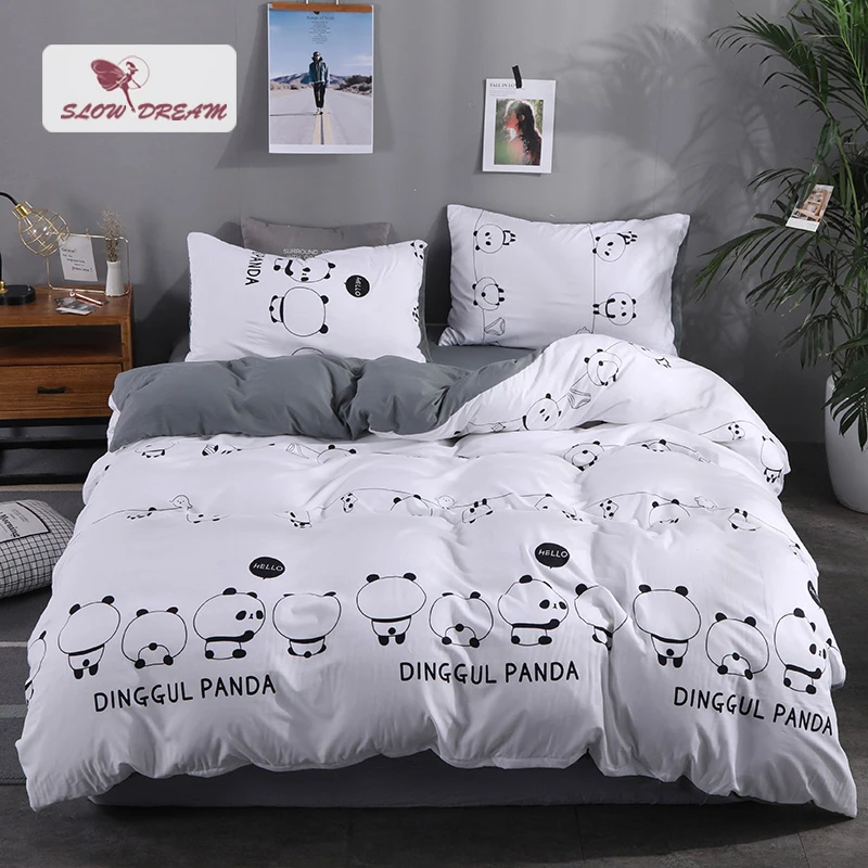 

SlowDream Panda Printing Bedding Set White Bedspread Gray Bed Sheet Washed Cotton Bed Linen Polyester Soft Duvet Cover 3/4pcs