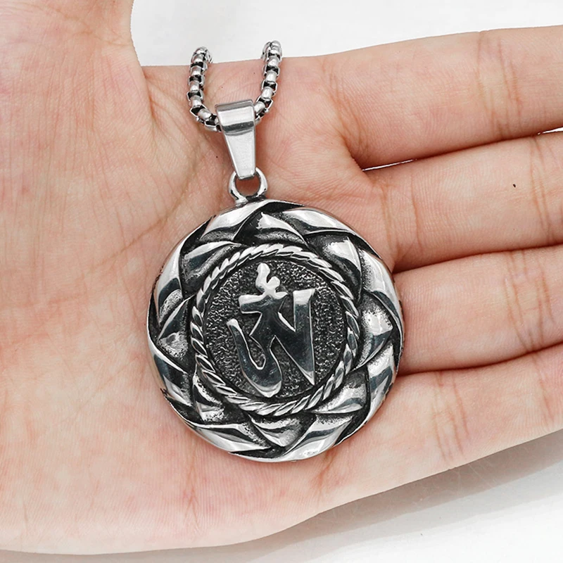 Antique silver personalized Om Mani Padme Hum necklace Circular pendant free ship | Украшения и аксессуары