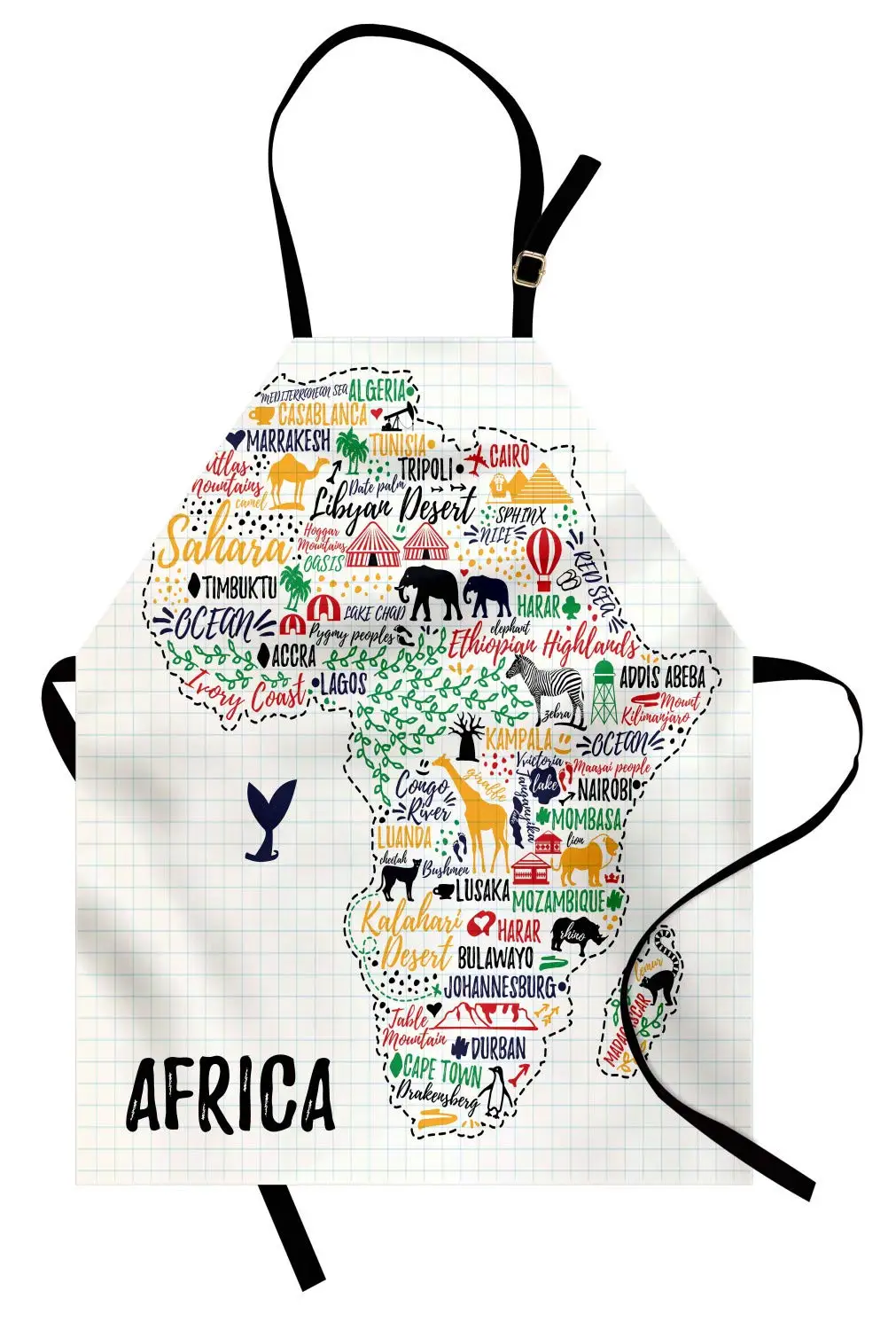 

Apron Colorful Lettering of African Countries in Africa Continent with Animals Art Women Men Kids Kitchen Pinafore for Cooking