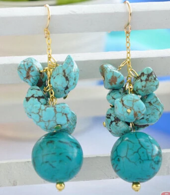 

Hot selling> free shippinbg 13378 blue baroque round turquoise bead dangle grape earring -Bride jewelry free shipping