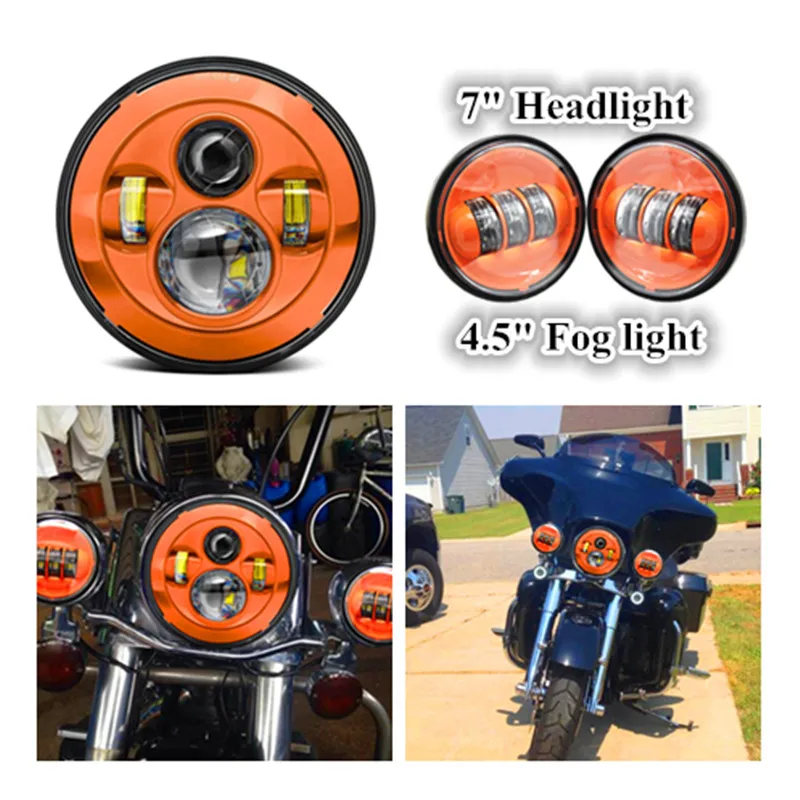 Orange Harley 7 Inch Harley Daymaker LED Headlight + 2x 4-1/2