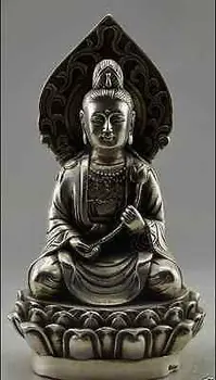 

Decorated Handwork Tibet Silver Carve Kwan-yin Hold Lotus Statue Buddha decoration Tibetan Silver word Wholesale 2pcs bronze