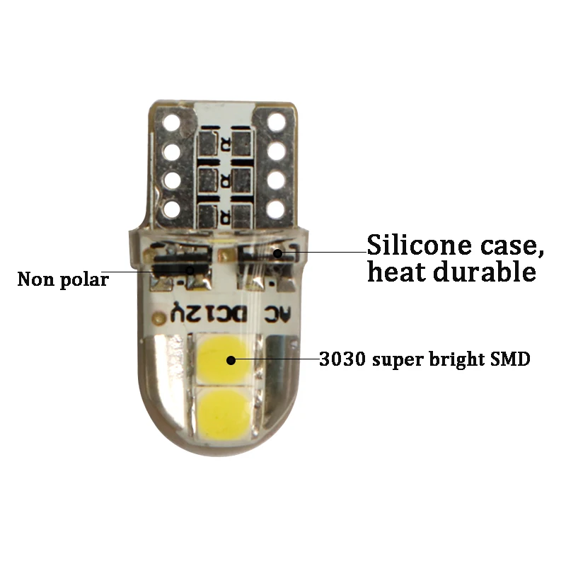 100pcs AC/DC 12V T10 Silicone 4 smd 3030 Led Non polar 168 194 car interior instrument lights Door Reading License Plate Lamp