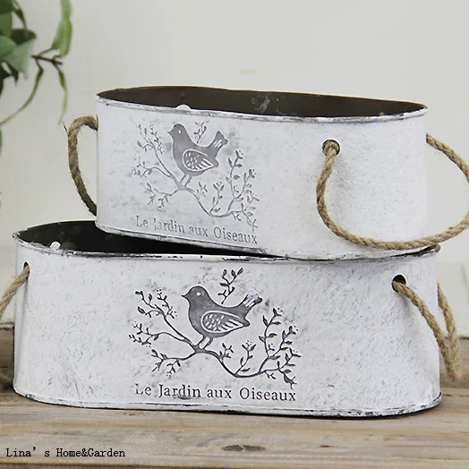 retro vintage stackable 2 pieces mini oval zinc planter with hemp rope handles