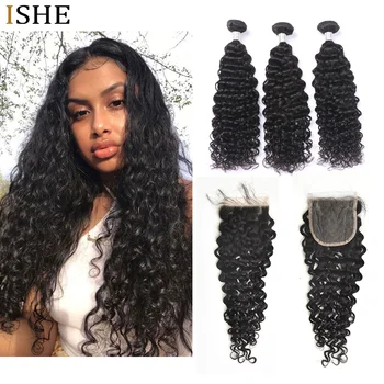 

ISHE Brazilian Deep Curly Hair Bundles With Transparent Closure Human Hair Bundles With Closure Remy 4 Bundles Hair With Closure