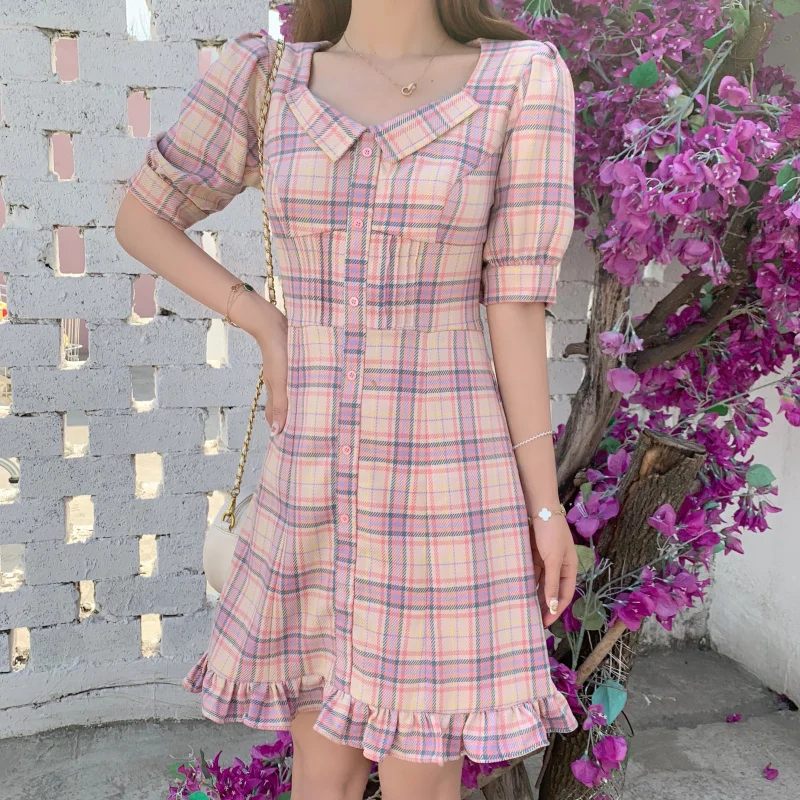 

Button Plaid Ruffle Dress Pink Mini Sweet Cute Vestido Curto Goth Vestidos Verano 2019 Festa Retro Korean Style Women Moda Mujer