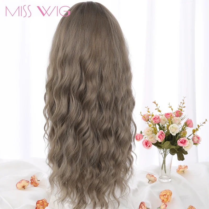 MERISI HAIR 26 SLong Grey Brown Womens Wigs with Bangs Heat Resistant Synthetic Wavy Wigs for Black Women African American+-+
