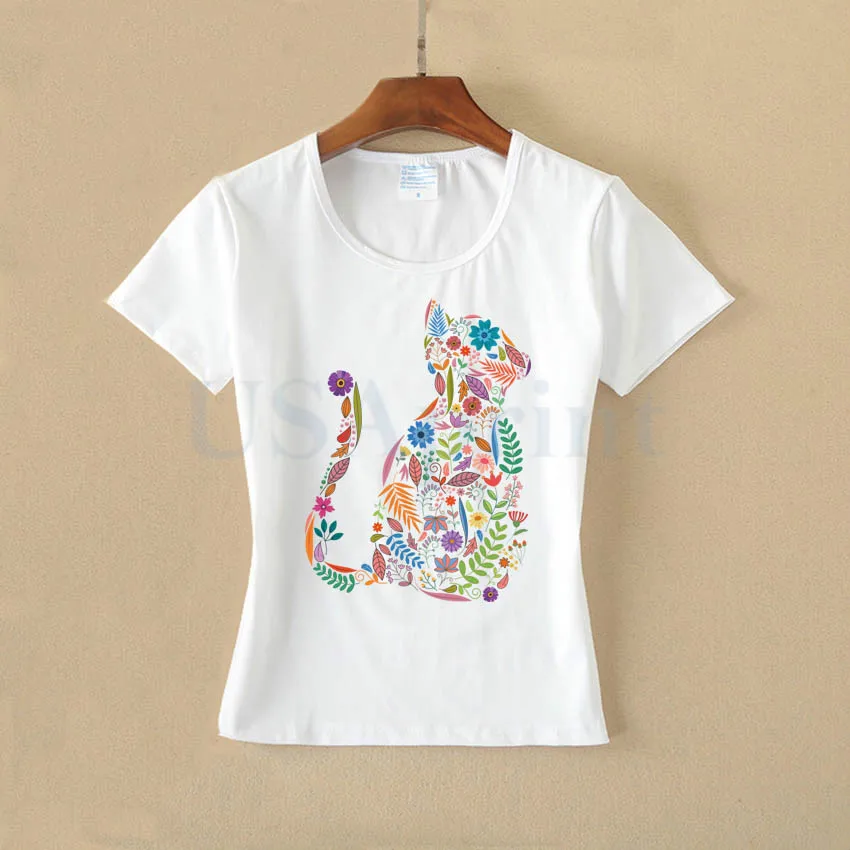 USAprint Cute Kawaii Flower Cat Shirt Women Design Summer Fashion
