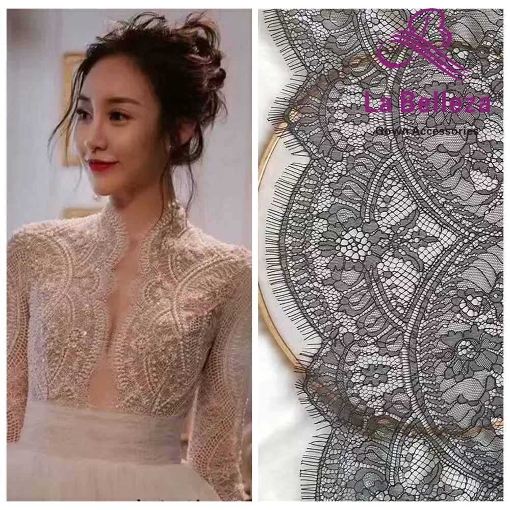 

La Belleza Off white /black eyelash france lace fabric eyelash bride lace 150x300cm one piece