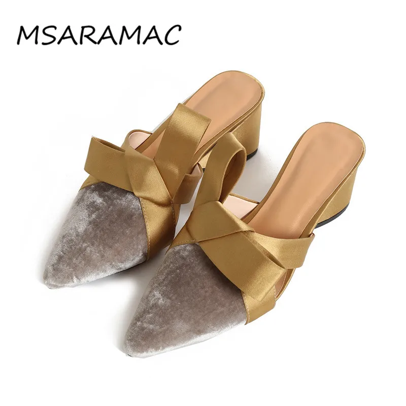 Vintage Design Velour Mules Satin Bowtie Decor Block Heel Women Summer